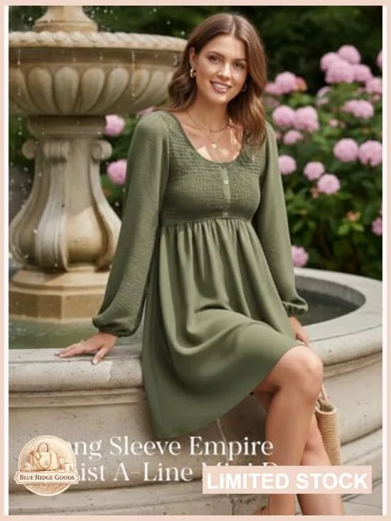Long Sleeve Smocked Empire Waist A-Line Mini Dress Casual Elegant Chic - Picture 5 of 7